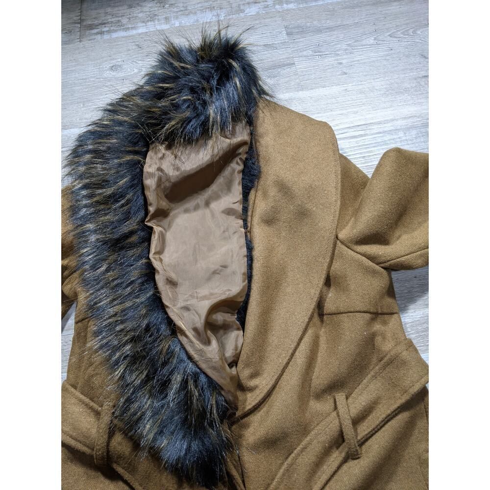 Wool Blend Penny lane Faux Fur Collar Belted Wrap Coat W/ S Brown LN/NWOT - Picture 10 of 13